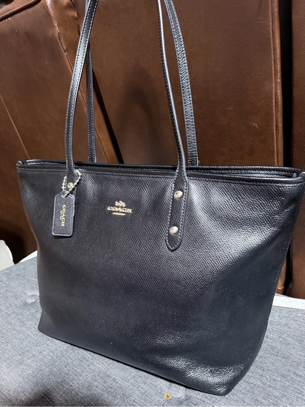 Coach Black Leather Shoulder Tote with Gold Hardware
